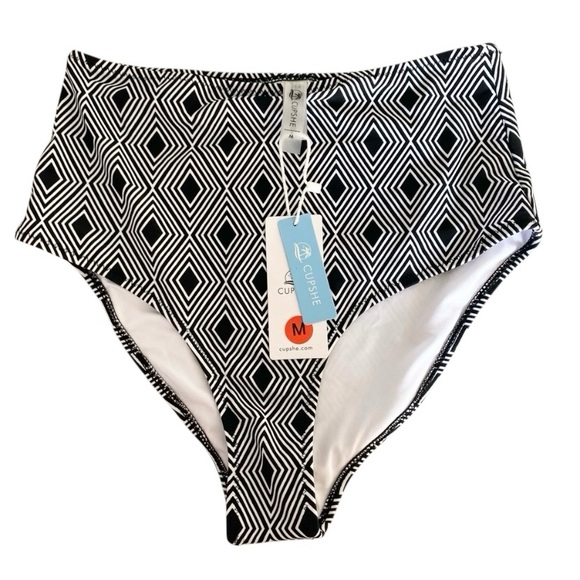 Cupshe Black and White Geometric High Waisted Swim Bikini Bottoms - Picture 2 of 6